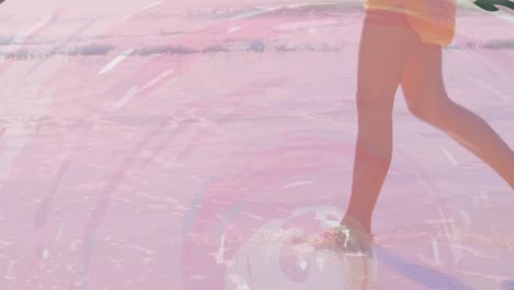 Animation-of-caucasian-woman-walking-on-beach-by-sea-over-pink-circles
