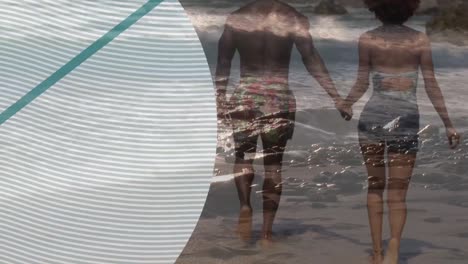 Animation-of-african-american-couple-on-beach-by-sea-over-green-circle