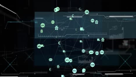 Animation-Der-Uhr-Und-Des-Netzwerks-Von-Verbindungen-Auf-Dunklem-Hintergrund
