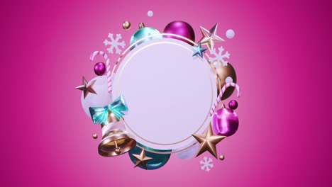 Animation-of-circle-frame-with-copy-space-and-christmas-decoration-on-pink-background
