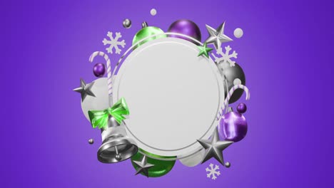 Animation-of-circle-frame-with-copy-space-and-christmas-decoration-on-purple-background