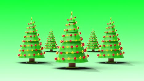 Animation-of-christmas-trees-spinning-on-green-background