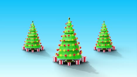 Animation-of-christmas-trees-spinning-on-blue-background