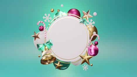 Animation-of-circle-frame-with-copy-space-and-christmas-decoration-on-green-background