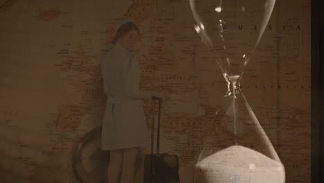 Animation-of-hourglass-over-compass-with-caucasian-female-flight-attendant-and-world-map