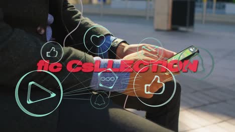 Animation-of-new-collection-text,-network-of-connections-over-caucasian-man-with-smartphone