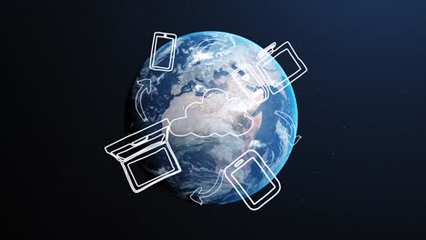 Animation-Mehrerer-Digitaler-Symbole,-Die-Sich-über-Einem-Wolkensymbol-Vor-Dem-Globus-Auf-Blauem-Hintergrund-Drehen