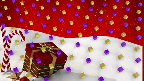 Animation-Von-Würfeln-Und-Schnee,-Die-über-Geschenk--Und-Zuckerstangen-Auf-Rotem-Hintergrund-Fallen