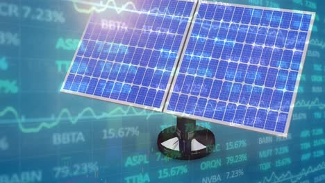 Animation-of-financial-data-processing-over-solar-panels-on-blue-background