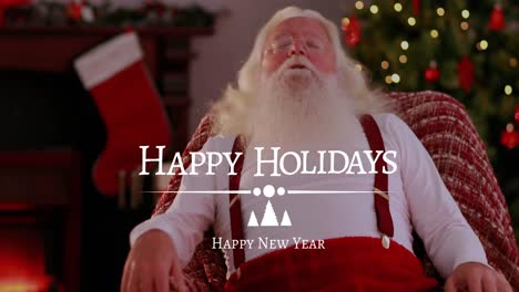 Animation-of-happy-holidays-text-over-caucasian-male-santa-claus