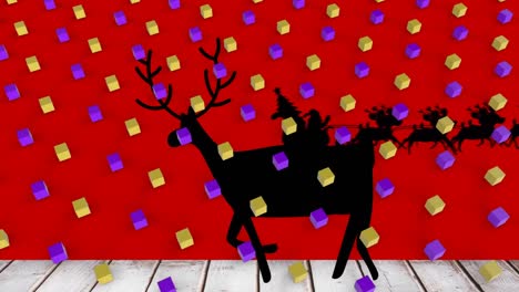 Animation-of-cubes-over-santa-claus-in-sleigh-with-reindeer-on-red-background