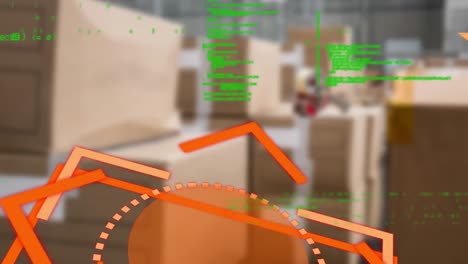 Animation-of-data-processing-and-orange-shapes-over-warehouse