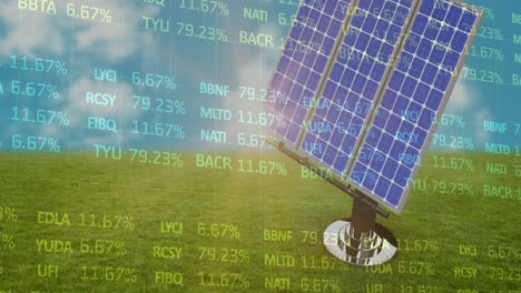 Animation-of-financial-data-processing-over-solar-panel-on-grass-and-blue-background