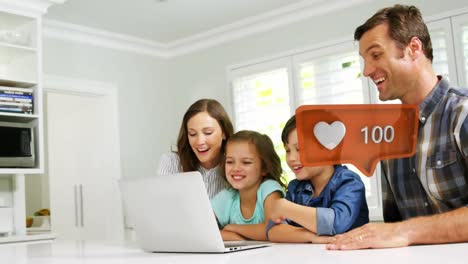 Animation-of-social-media-icon-with-growing-number-over-caucasian-family-using-laptop