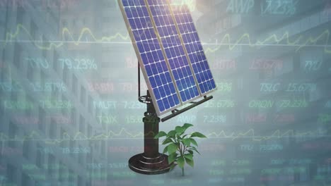 Animation-of-financial-data-processing-over-solar-panel-on-blue-background