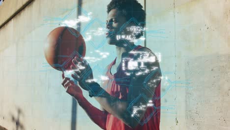 Animation-of-media-icons-over-african-american-man-with-basketball