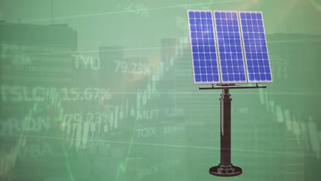 Animation-of-financial-data-processing-over-solar-panel-on-green-background