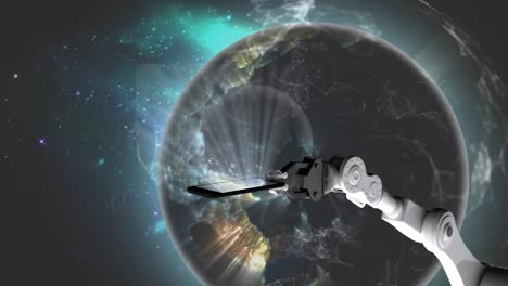 Animation-Eines-Roboterarms,-Der-Ein-Mobiltelefon-über-Einen-Rotierenden-Globus-Und-Sterne-Im-Weltraum-Hält