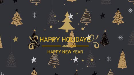 Animation-of-happy-holidays-text-over-christmas-trees