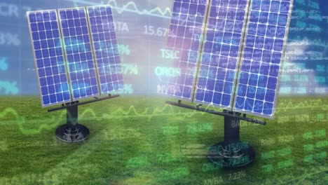 Animation-of-financial-data-processing-over-solar-panels-on-grass-and-blue-background