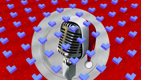 Animation-of-shapes-and-snow-falling-over-microphone-with-santa-hat-on-red-background