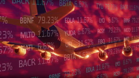 Animation-of-aeroplane-flying-through-orange-clouds-over-financial-data-processing