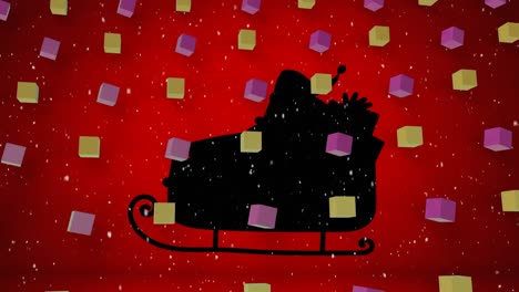 Animation-Von-Würfeln-Und-Schnee,-Der-über-Den-Weihnachtsmann-Im-Schlitten-Auf-Rotem-Hintergrund-Fällt
