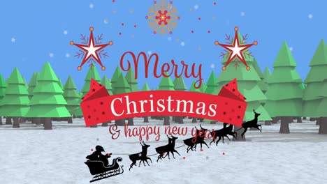 Animation-of-merry-christmas-text-over-fir-trees