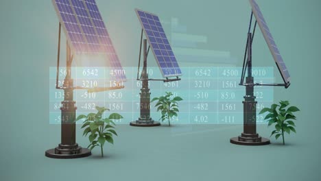 Animation-of-financial-data-processing-over-solar-panels-and-plants-on-blue-background