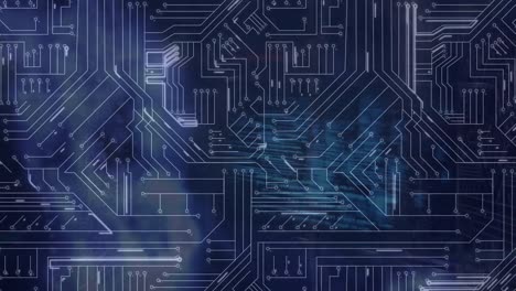 Animation-Von-Lichtspuren-über-Mikroprozessorverbindungen-Vor-Blauem-Hintergrund