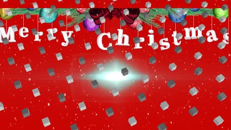 Animation-Von-Würfeln-Und-Schnee,-Die-über-Den-Text-„Frohe-Weihnachten“-Auf-Rotem-Hintergrund-Fallen