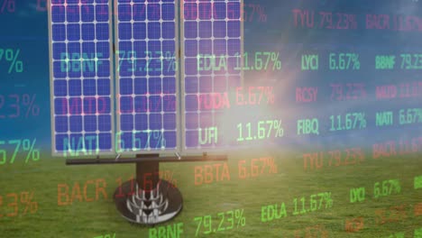 Animation-of-multicolored-trading-board-with-solar-panel-over-landscape-against-clear-sky