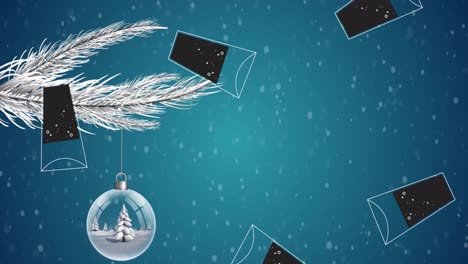 Animation-of-glass-icons-over-snow-and-bauble-on-blue-background