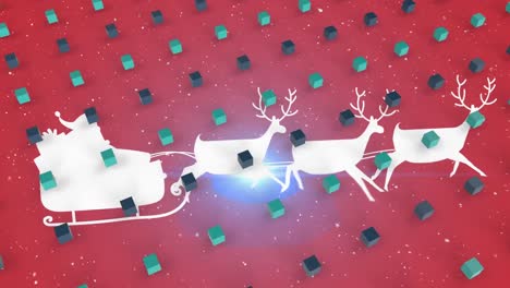 Animation-Von-Würfeln-Und-Schnee,-Der-über-Den-Weihnachtsmann-Im-Schlitten-Mit-Rentieren-Auf-Rotem-Hintergrund-Fällt