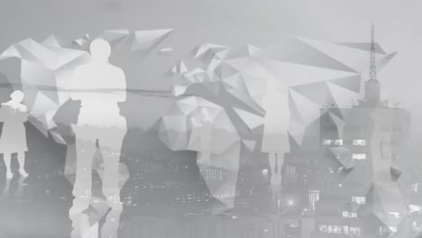 Animation-of-world-map-and-white-silhouettes-of-business-people-over-cityscape