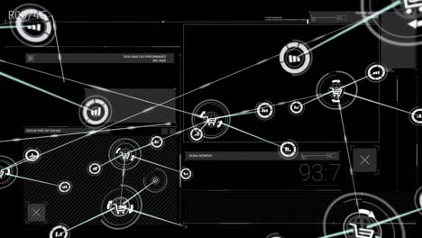 Animation-of-network-of-digital-icons-over-interface-with-data-processing-against-black-background