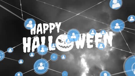 Animation-Des-Netzwerks-Von-Verbindungen-über-Fröhlichem-Halloween-Text