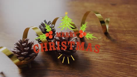 Animation-Des-Textes-„Frohe-Weihnachten“-über-Tannenzapfen