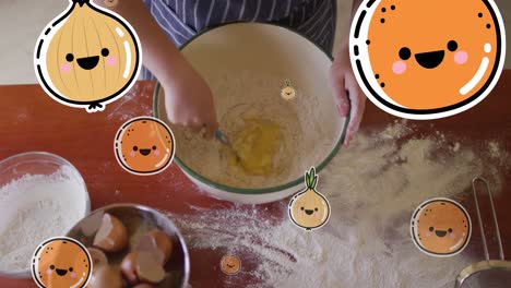 Animation-Von-Orangen--Und-Zwiebelsymbolen-über-Einer-Kochenden-Kaukasischen-Frau