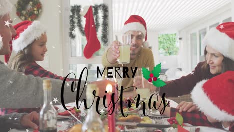 Animation-of-merry-christmas-text-over-caucasian-family-having-dinner