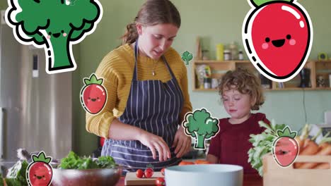 Animation-of-vegetables-icons-over-caucasian-woman-with-son-cooking