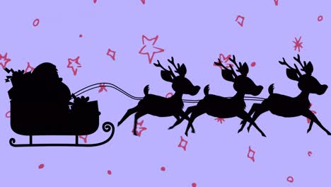 Animation-Des-Weihnachtsmanns-Im-Schlitten-Mit-Rentieren-über-Schnee,-Der-Auf-Roten-Hintergrund-Fällt