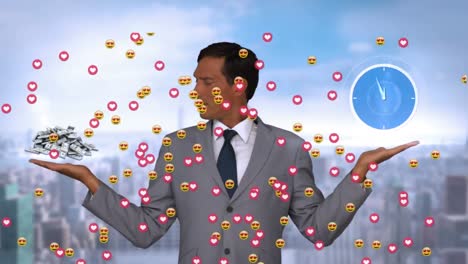 Animation-Von-Emoji-Symbolen-über-Einem-Kaukasischen-Geschäftsmann,-Der-Eine-Uhr-Und-Geldscheine-Hält