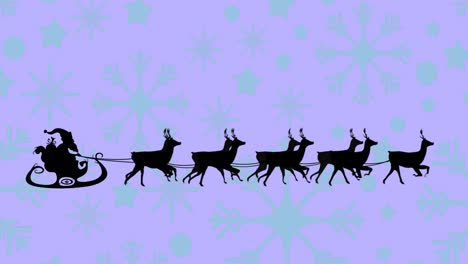 Animation-of-santa-claus-in-sleigh-with-reindeer-over-snowflakes-on-blue-background-at-christmas