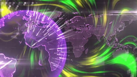 Animation-of-globe-with-data-processing-and-world-map-over-light-trails-on-black-background