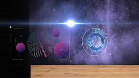 Animation-of-radar-and-abstract-pattern-with-globes-in-viewfinder-and-glowing-lens-flare