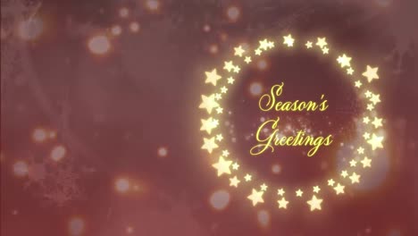 Animation-of-season's-greetings-text-over-light-spots-and-snowflakes-on-black-background