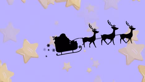 Animation-of-santa-claus-in-sleigh-with-reindeer-over-star-on-blue-background-at-christmas