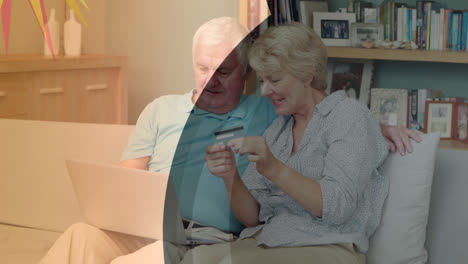 Animation-of-shapes-over-senior-caucasian-couple-using-laptop-for-online-shopping