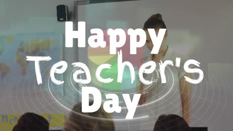 Animation-of-happy-teachers-day-text-over-diverse-schoolchildren-with-teacher
